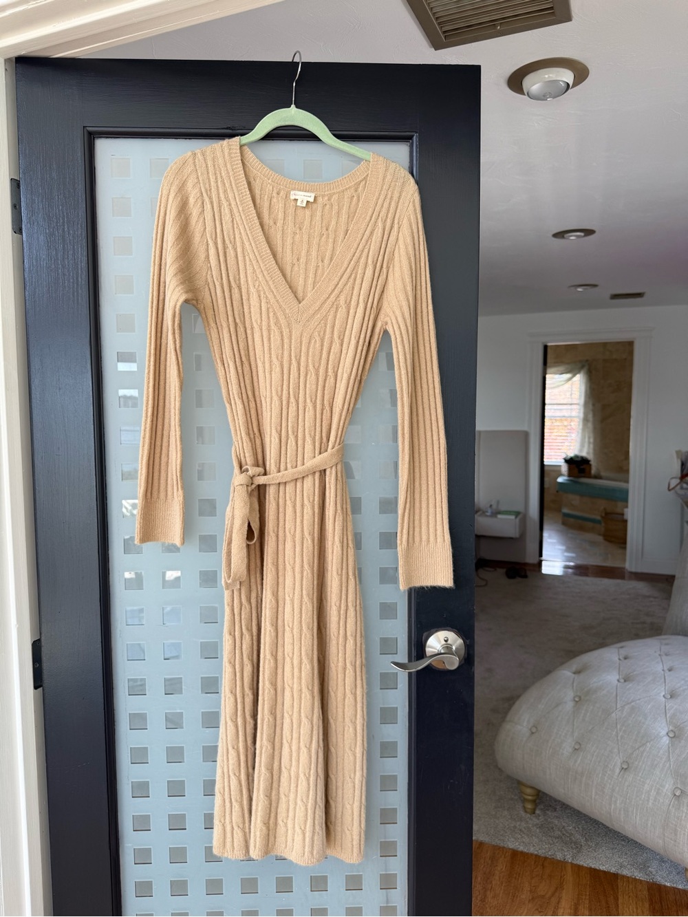 Hem & Thread Beige Cable-Knit V-Neck Belted Long Sleeve Dress